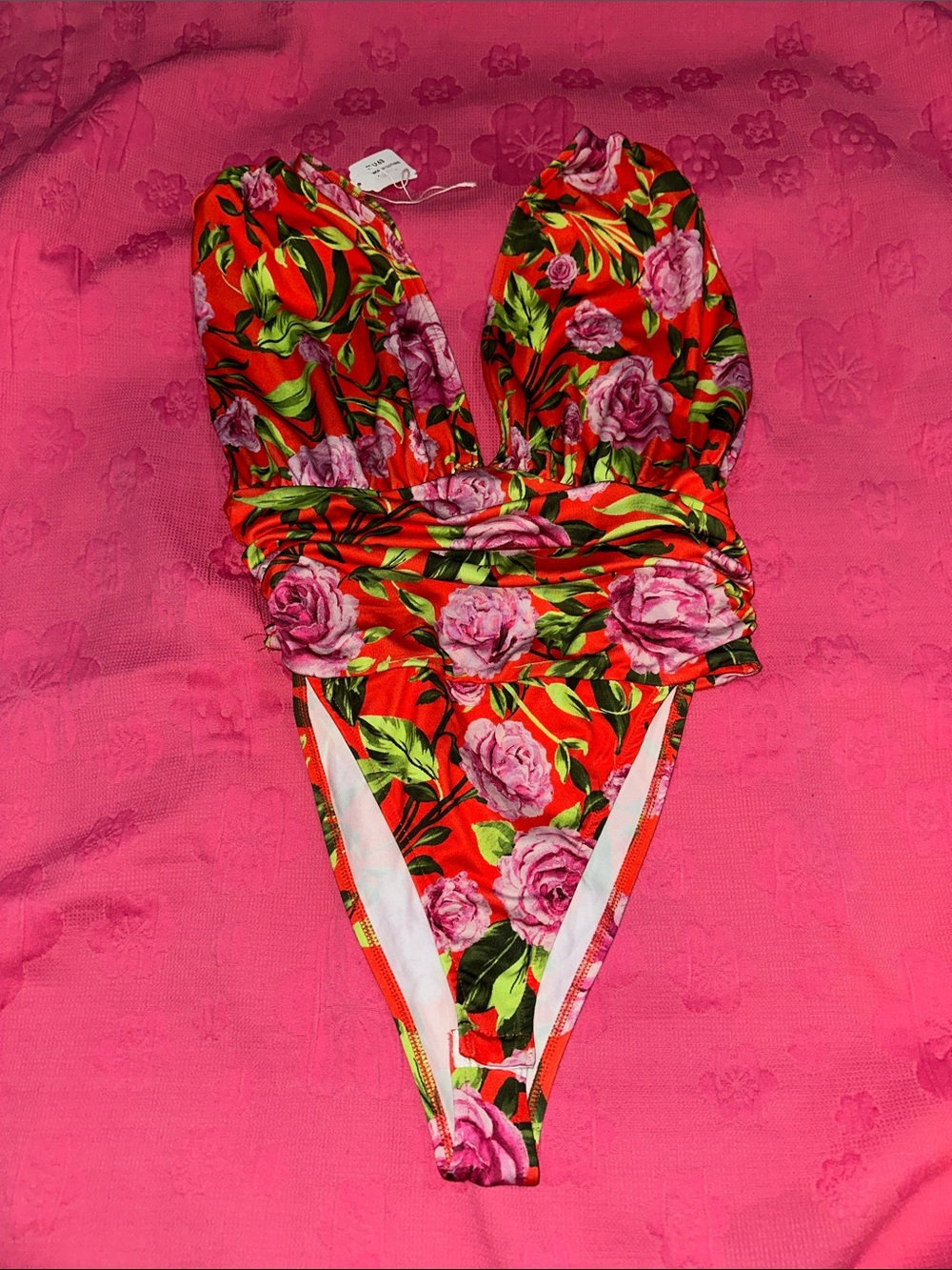 Zara Red Floral One-Piece Swimsuit with Pink Roses